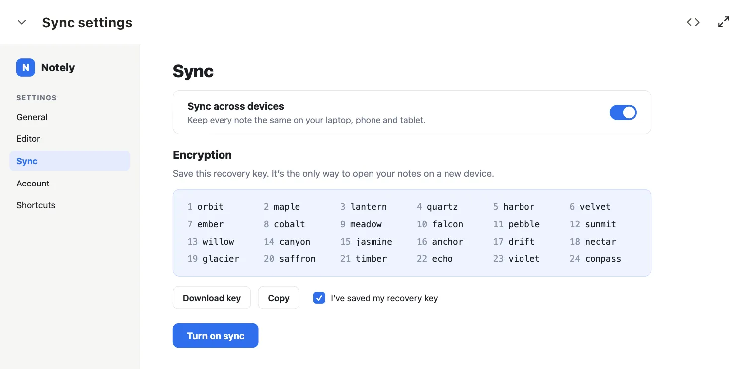 The updated screen draft of Sync settings showing a 24-word recovery key, Download key and Copy buttons, a saved-key checkbox and Turn on sync